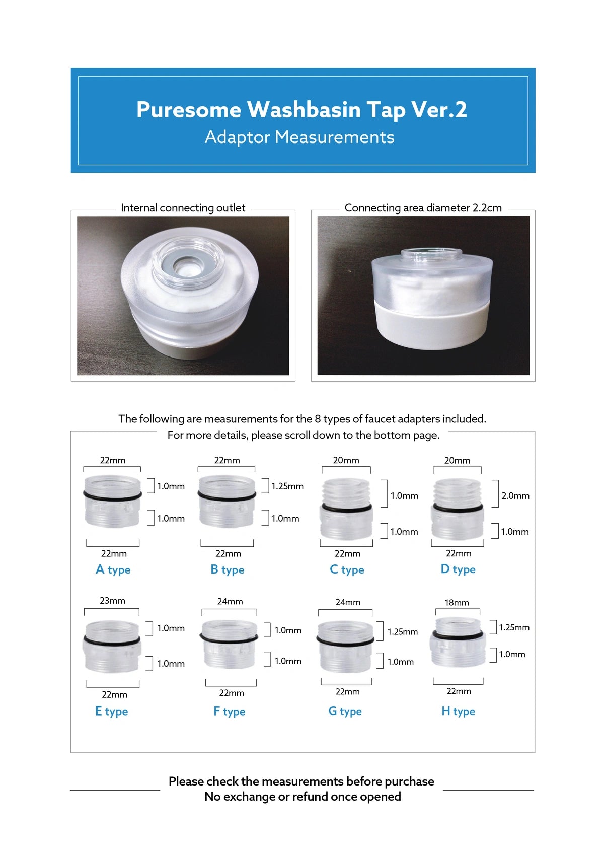 BODYLUV Puresome Washbasin Tap Ver.2 connector measurements and eight adapter types